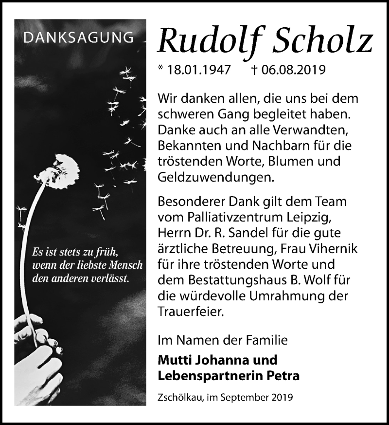  Traueranzeige für Rudolf Scholz vom 14.09.2019 aus Leipziger Volkszeitung