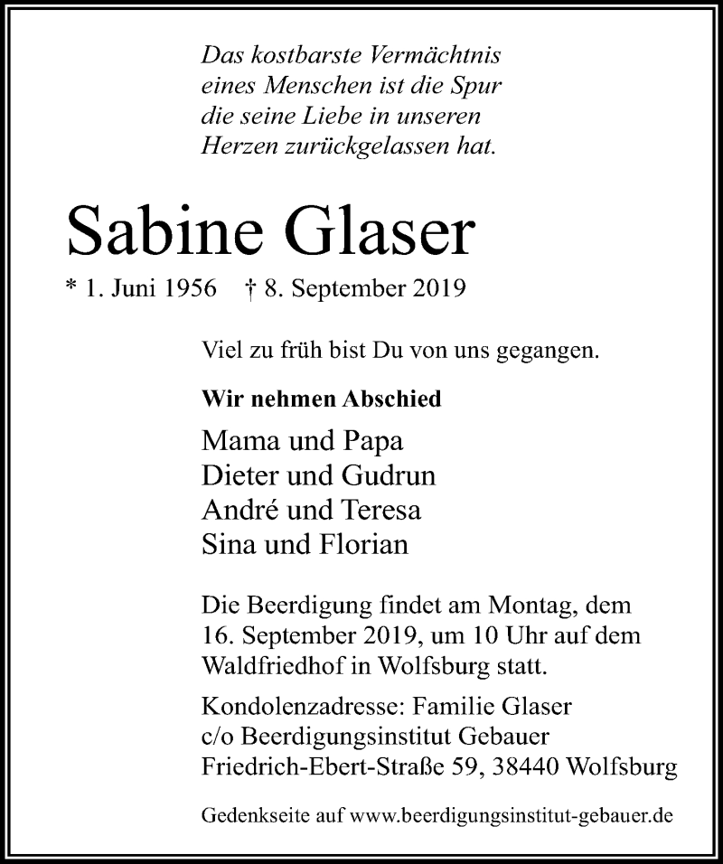  Traueranzeige für Sabine Glaser vom 13.09.2019 aus Aller Zeitung