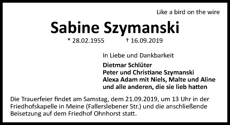  Traueranzeige für Sabine Szymanski vom 18.09.2019 aus Aller Zeitung