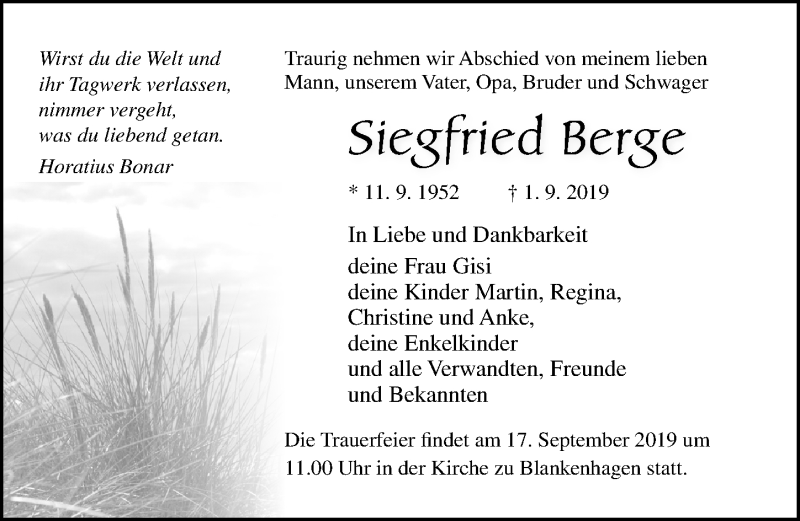  Traueranzeige für Siegfried Berge vom 07.09.2019 aus Ostsee-Zeitung GmbH
