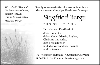 Traueranzeige von Siegfried Berge von Ostsee-Zeitung GmbH