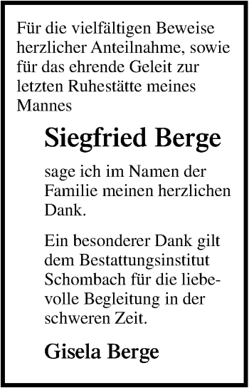 Traueranzeige von Siegfried Berge von Ostsee-Zeitung GmbH