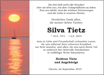 Traueranzeige von Silva Tietz von Ostsee-Zeitung GmbH