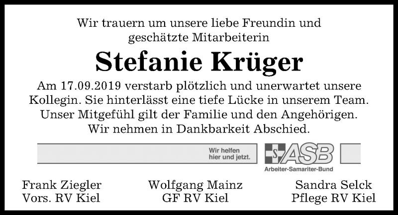  Traueranzeige für Stefanie Krüger vom 21.09.2019 aus Kieler Nachrichten