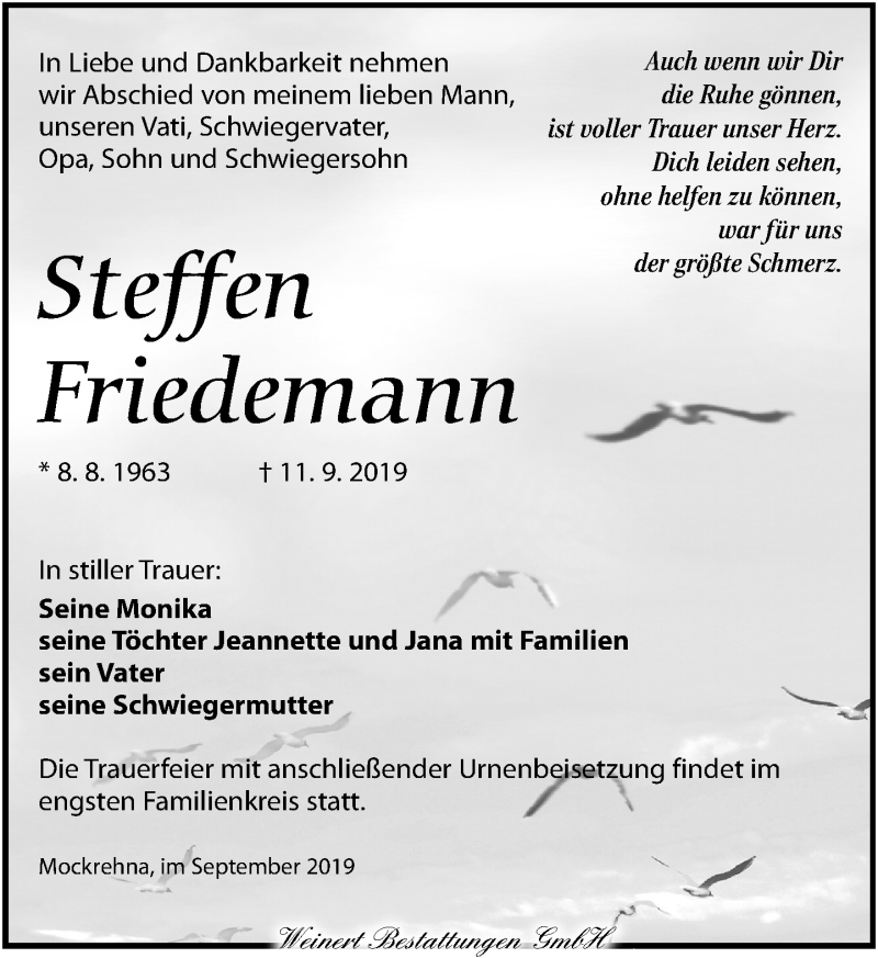  Traueranzeige für Steffen Friedemann vom 14.09.2019 aus Torgauer Zeitung
