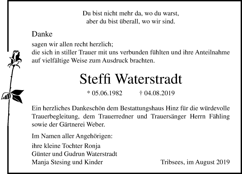  Traueranzeige für Steffi Waterstradt vom 31.08.2019 aus Ostsee-Zeitung GmbH