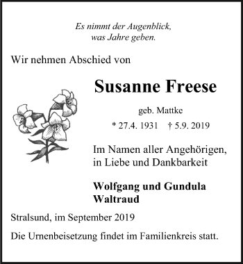 Traueranzeige von Susanne Freese von Ostsee-Zeitung GmbH