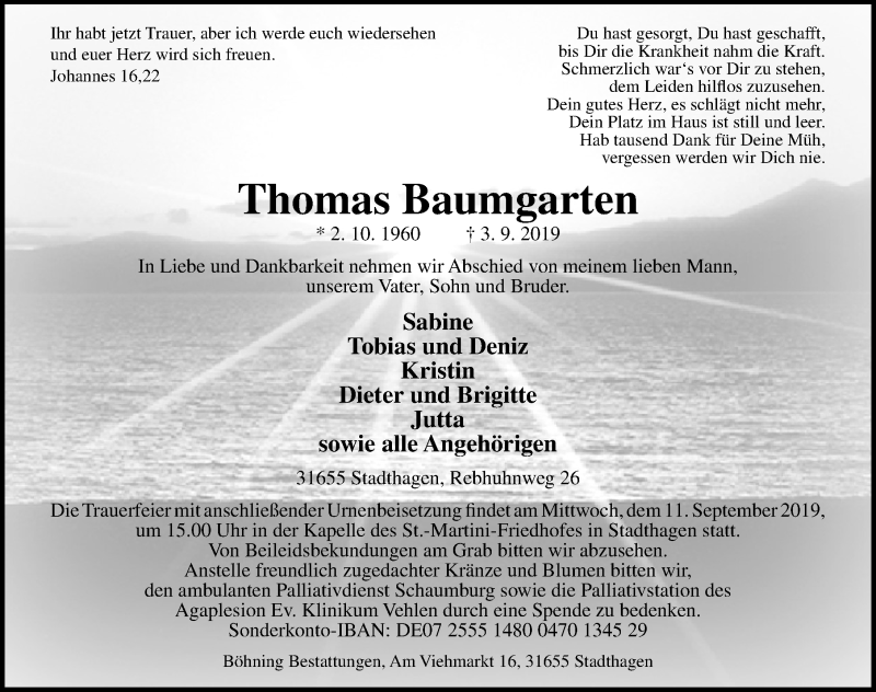  Traueranzeige für Thomas Baumgarten vom 07.09.2019 aus Schaumburger Nachrichten