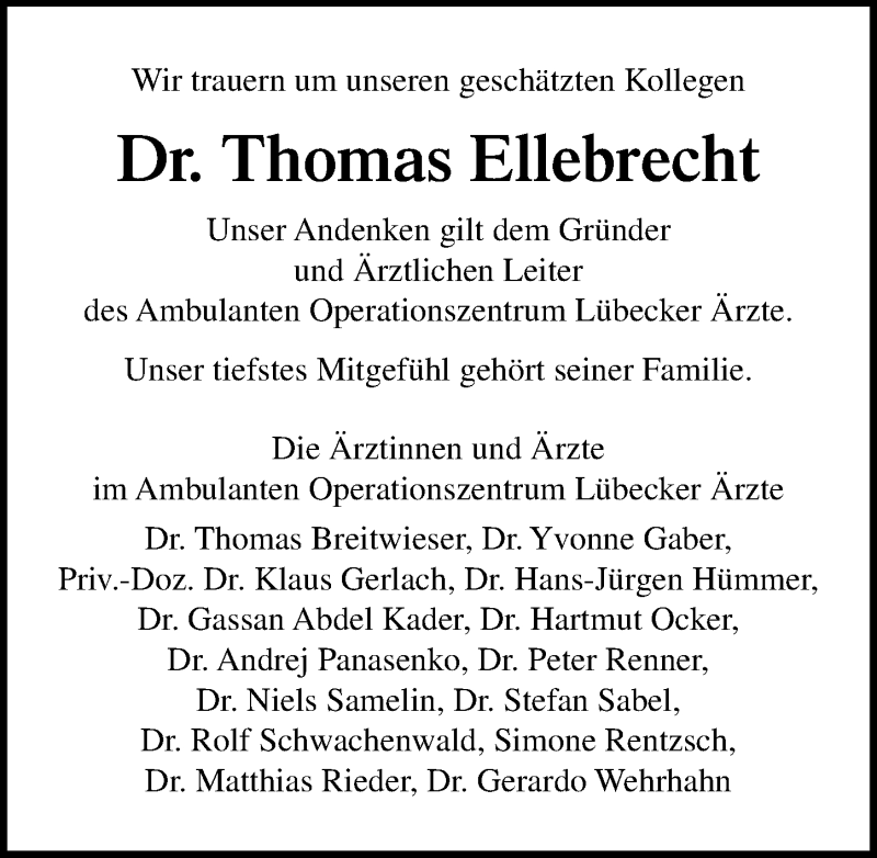  Traueranzeige für Thomas Ellebrecht vom 15.09.2019 aus Lübecker Nachrichten