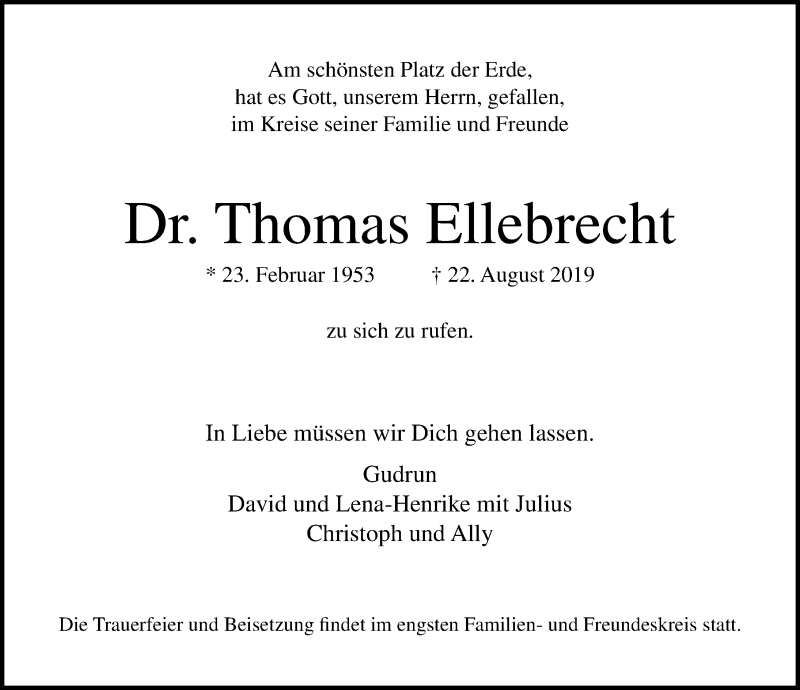  Traueranzeige für Thomas Ellebrecht vom 15.09.2019 aus Lübecker Nachrichten