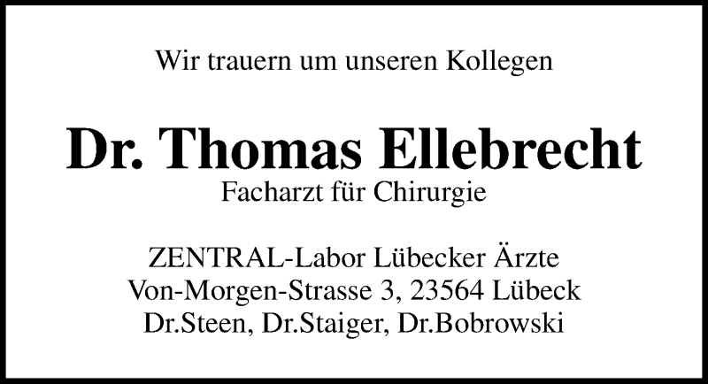  Traueranzeige für Thomas Ellebrecht vom 22.09.2019 aus Lübecker Nachrichten