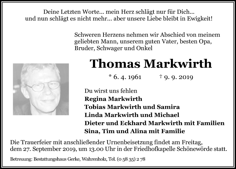  Traueranzeige für Thomas Markwirth vom 21.09.2019 aus Aller Zeitung