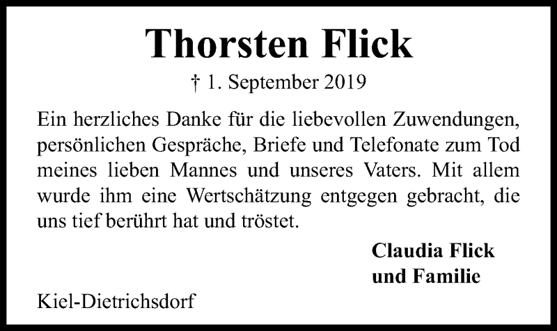  Traueranzeige für Thorsten Flick vom 28.09.2019 aus Kieler Nachrichten