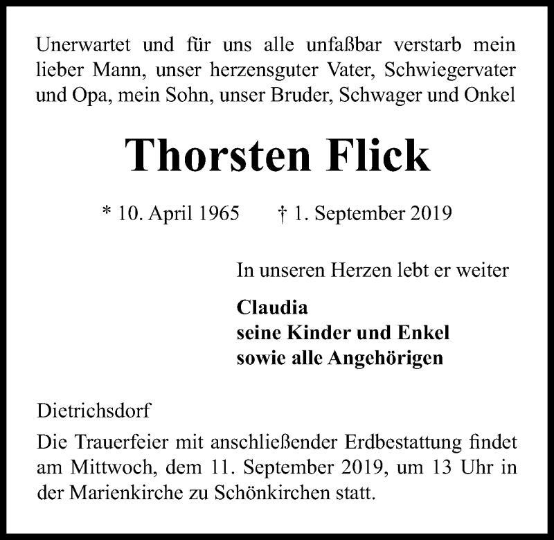  Traueranzeige für Thorsten Flick vom 07.09.2019 aus Kieler Nachrichten