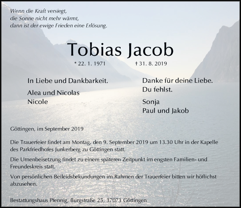  Traueranzeige für Tobias Jacob vom 07.09.2019 aus Göttinger Tageblatt