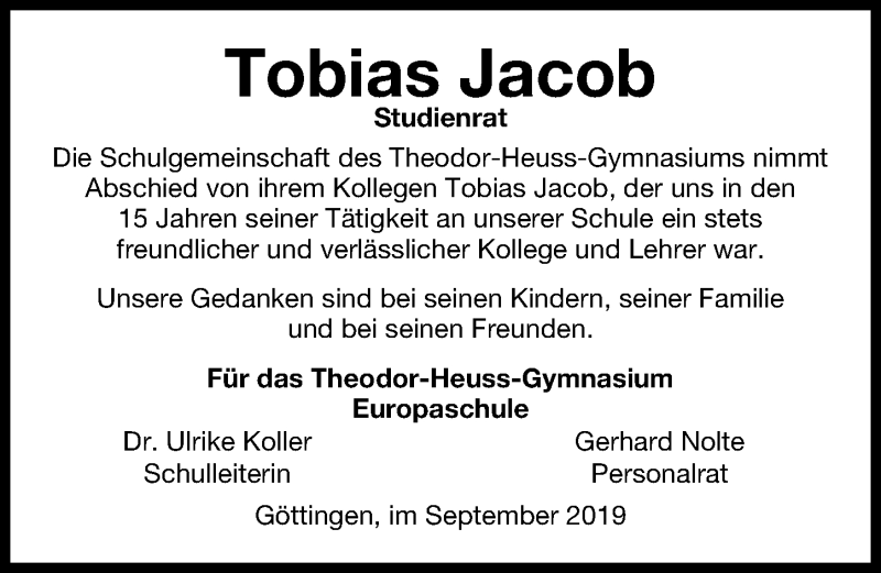  Traueranzeige für Tobias Jacob vom 07.09.2019 aus Göttinger Tageblatt