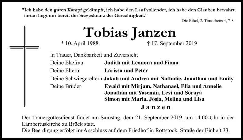  Traueranzeige für Tobias Janzen vom 18.09.2019 aus Märkischen Allgemeine Zeitung