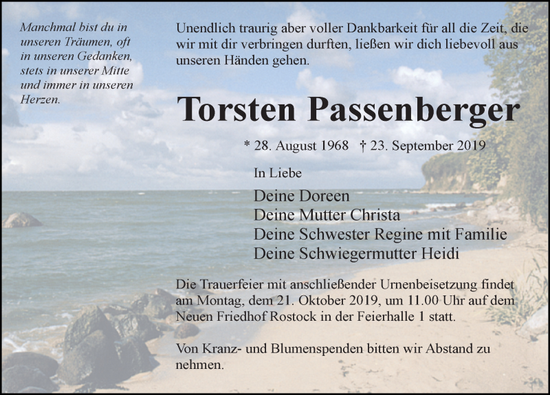  Traueranzeige für Torsten Passenberger vom 28.09.2019 aus Ostsee-Zeitung GmbH