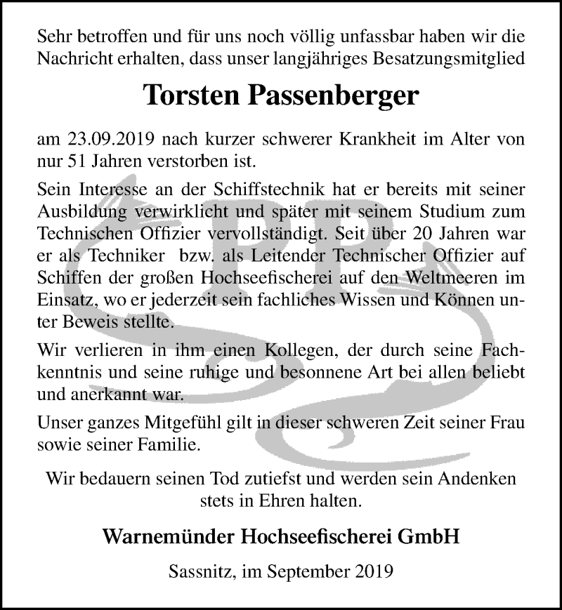  Traueranzeige für Torsten Passenberger vom 28.09.2019 aus Ostsee-Zeitung GmbH