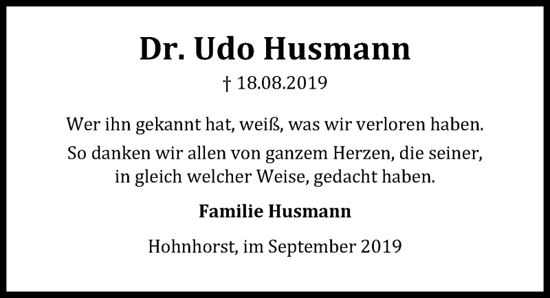  Traueranzeige für Udo Husmann vom 07.09.2019 aus Hannoversche Allgemeine Zeitung/Neue Presse
