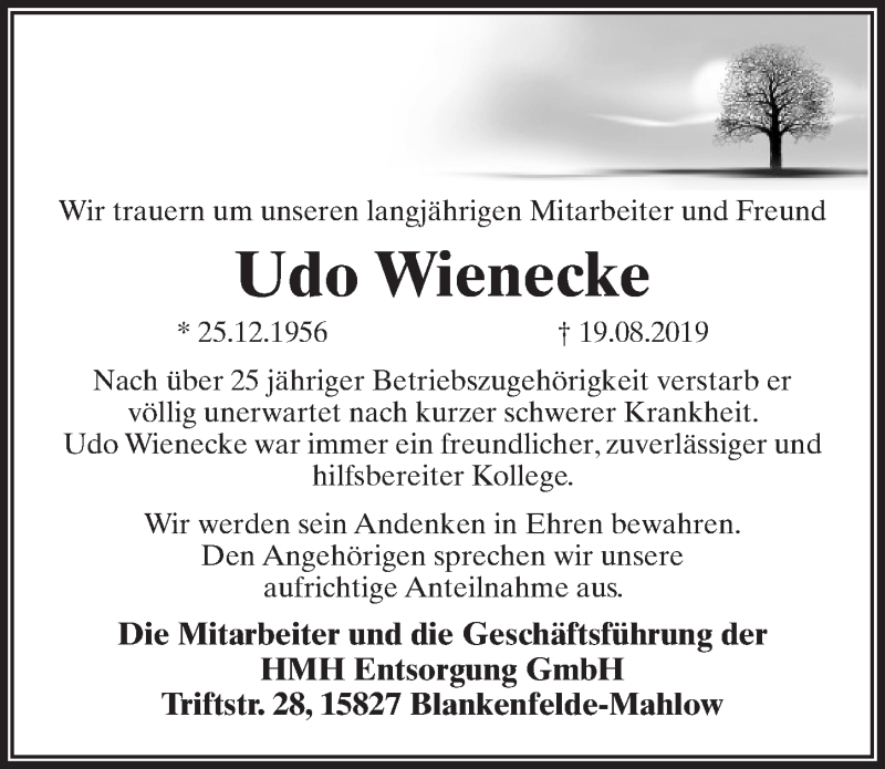  Traueranzeige für Udo Wienecke vom 31.08.2019 aus Märkischen Allgemeine Zeitung