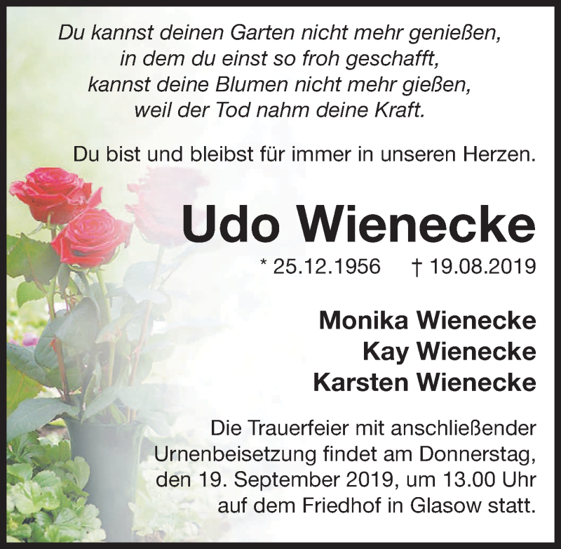  Traueranzeige für Udo Wienecke vom 24.08.2019 aus Märkischen Allgemeine Zeitung