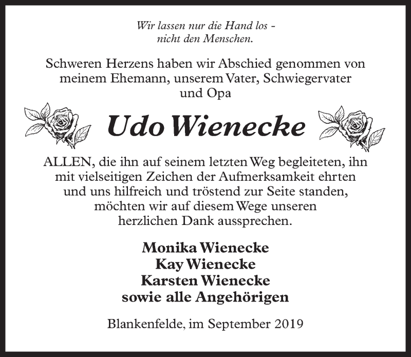  Traueranzeige für Udo Wienecke vom 21.09.2019 aus Märkischen Allgemeine Zeitung