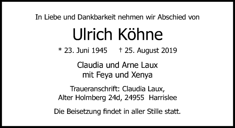  Traueranzeige für Ulrich Köhne vom 01.09.2019 aus Lübecker Nachrichten