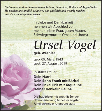 Traueranzeige von Ursel Vogel von Leipziger Volkszeitung