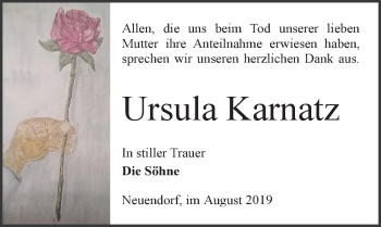Traueranzeige von Ursula Karnatz von Märkischen Allgemeine Zeitung
