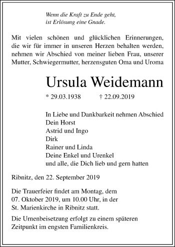 Traueranzeige von Ursula Weidemann von Ostsee-Zeitung GmbH