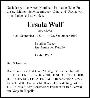 Traueranzeige von Ursula Wulf von Lübecker Nachrichten