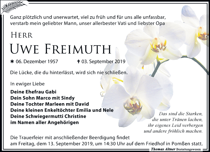  Traueranzeige für Uwe Freimuth vom 07.09.2019 aus Leipziger Volkszeitung