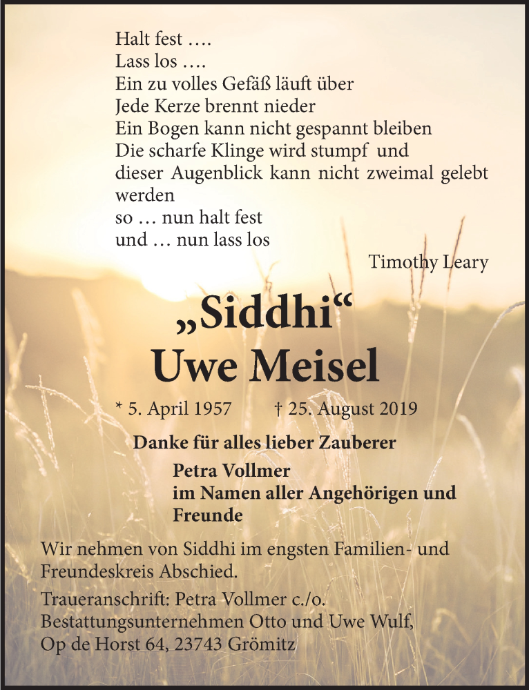 Traueranzeige für Uwe Meisel vom 11.09.2019 aus Lübecker Nachrichten