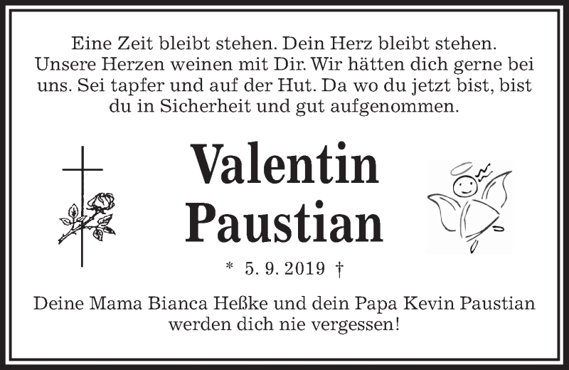  Traueranzeige für Valentin Paustian vom 14.09.2019 aus Kieler Nachrichten