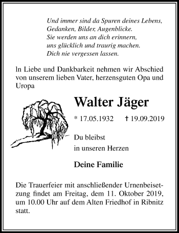 Traueranzeige von Walter Jäger von Ostsee-Zeitung GmbH