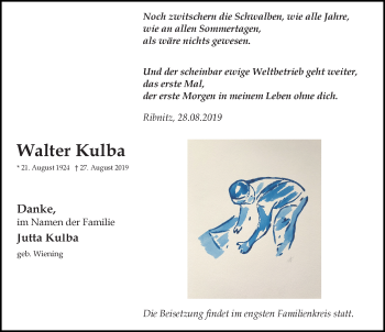 Traueranzeige von Walter Kulba von Ostsee-Zeitung GmbH