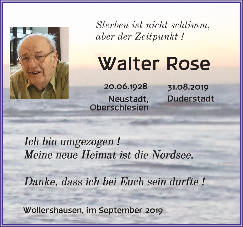  Traueranzeige für Walter Rose vom 07.09.2019 aus Eichsfelder Tageblatt