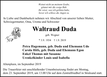 Traueranzeige von Waltraud Duda von Ostsee-Zeitung GmbH