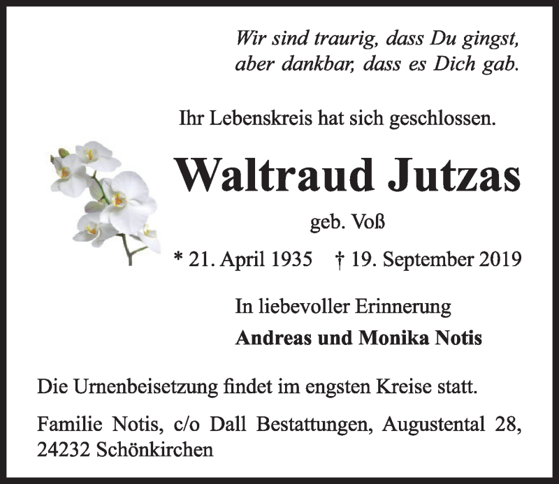  Traueranzeige für Waltraud Jutzas vom 21.09.2019 aus Kieler Nachrichten