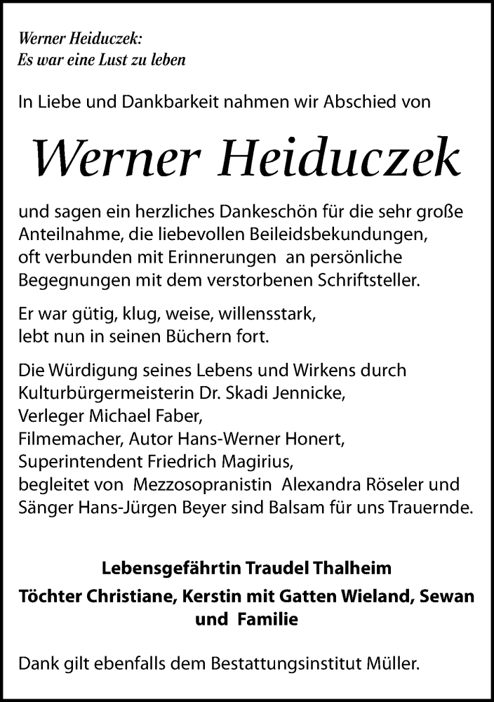  Traueranzeige für Werner Heiduczek vom 07.09.2019 aus Leipziger Volkszeitung