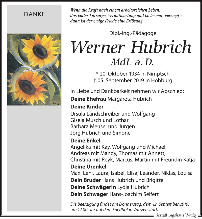  Traueranzeige für Werner Hubrich vom 07.09.2019 aus Leipziger Volkszeitung