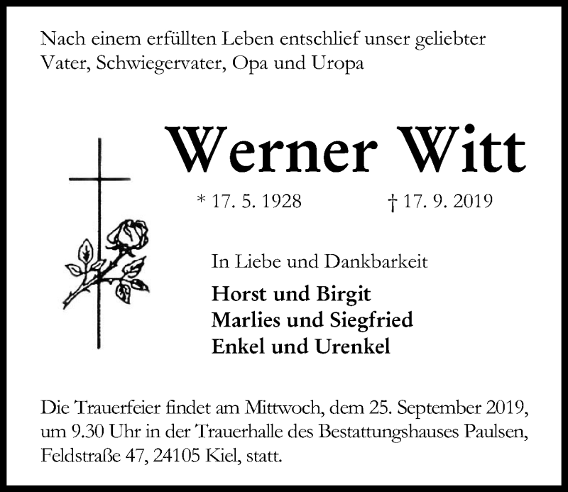  Traueranzeige für Werner Witt vom 21.09.2019 aus Kieler Nachrichten