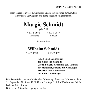 Traueranzeige von Wilhelm Schmidt von Lübecker Nachrichten