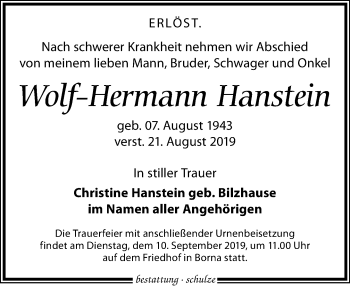 Traueranzeige von Wolf-Hermann Hanstein von Leipziger Volkszeitung