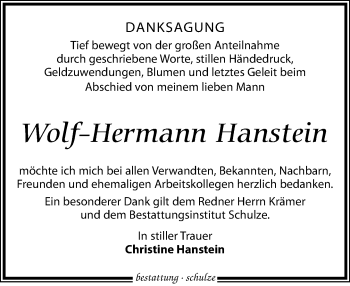 Traueranzeige von Wolf-Hermann Hanstein von Leipziger Volkszeitung