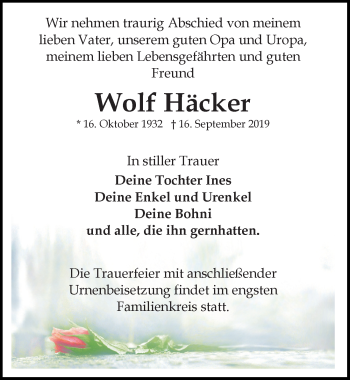 Traueranzeige von Wolf Häcker von Ostsee-Zeitung GmbH