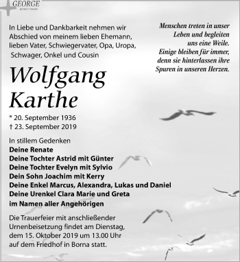 Traueranzeige von Wolfgang Karthe von Leipziger Volkszeitung