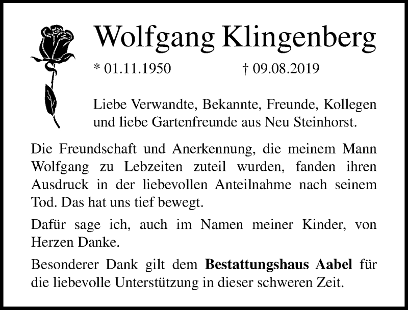  Traueranzeige für Wolfgang Klingenberg vom 07.09.2019 aus Ostsee-Zeitung GmbH
