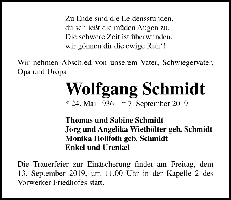  Traueranzeige für Wolfgang Schmidt vom 11.09.2019 aus Lübecker Nachrichten